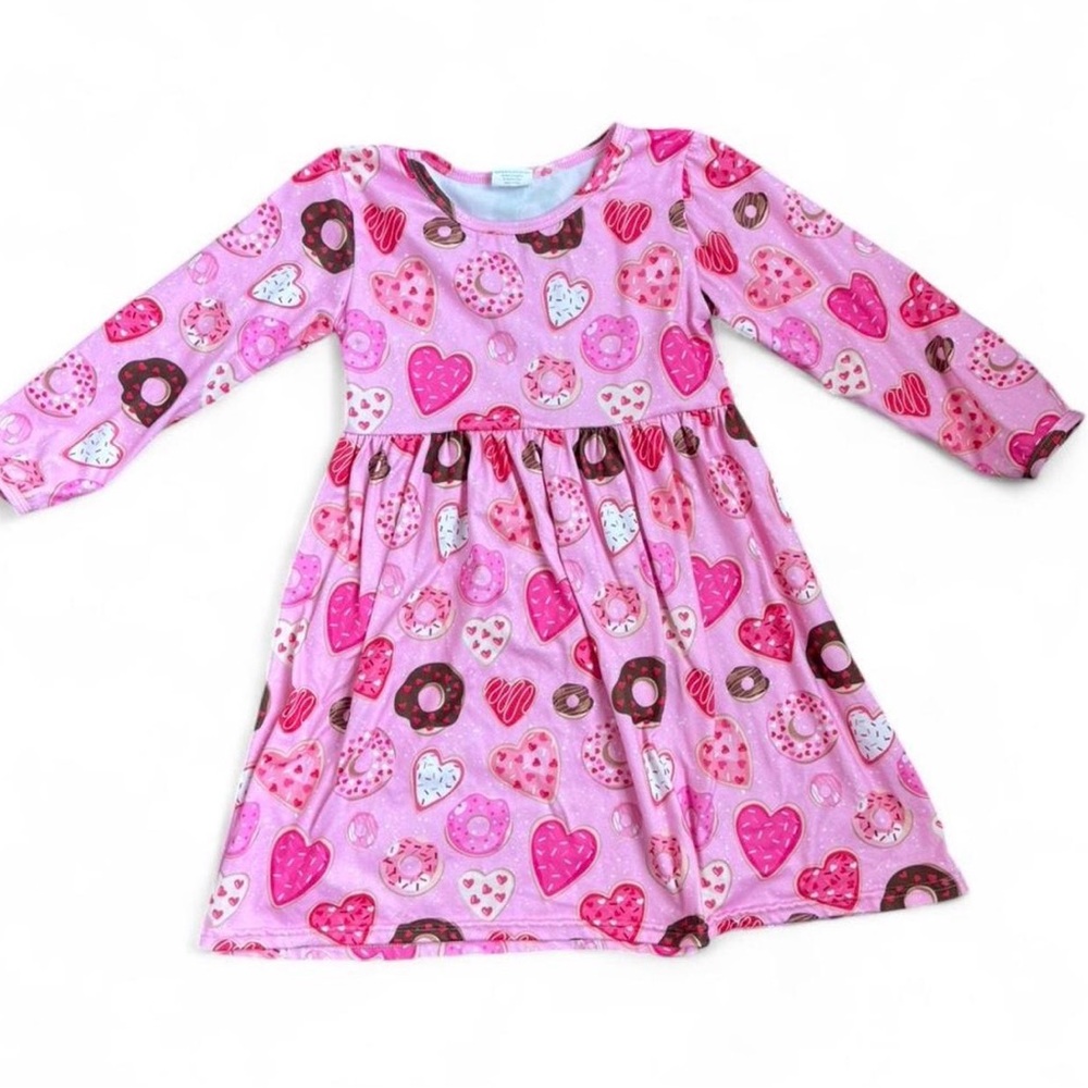 Girls Pink Heart & Donut Print Long Sleeve Dress